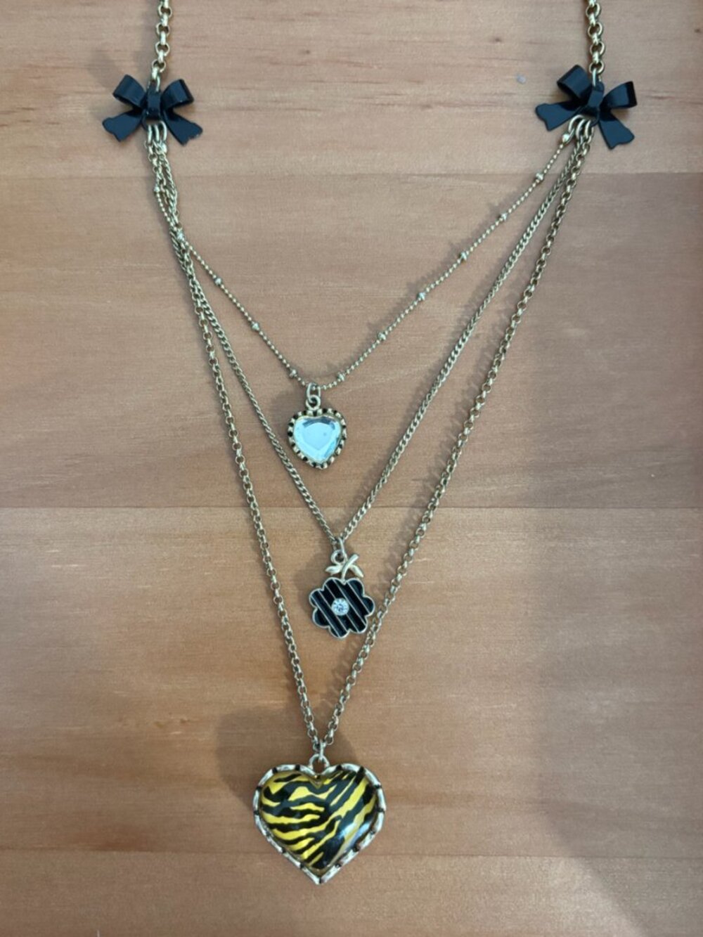 Vintage Betsey Johnson Layered Zebra Heart Necklace with Bows